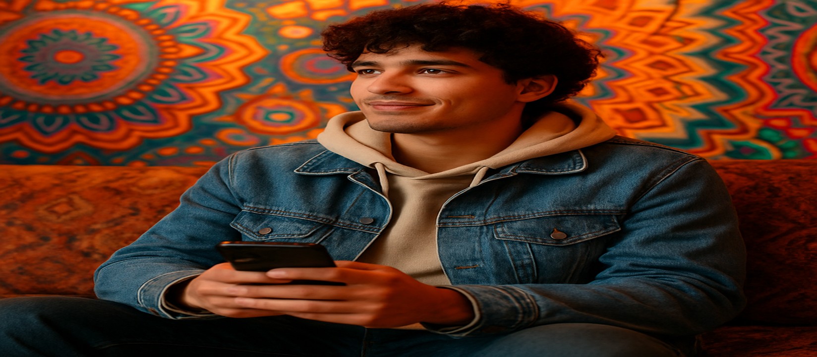 সোফায় আরাম করে বসে একজন ব্যক্তি স্মার্টফোনে 333bt অ্যাপ ব্যবহার করছেন