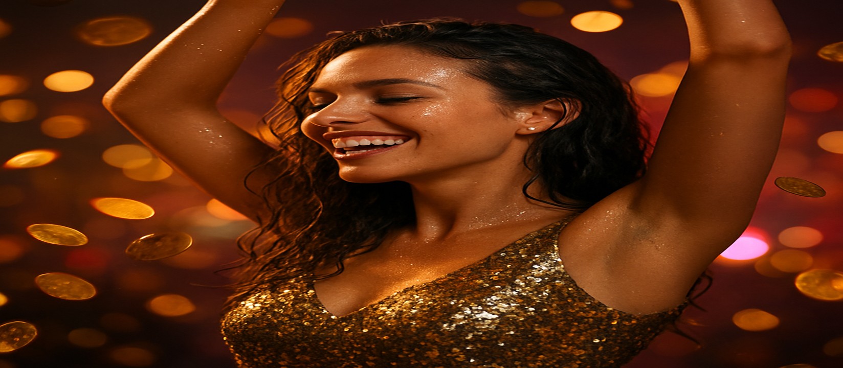 333bt-এর বিমান-থিমা বিনোদন জগতে জয়ের আনন্দে উচ্ছ্বাসিত এক নারী, চারপাশে উড়ছে স্বর্ণমুদ্রা