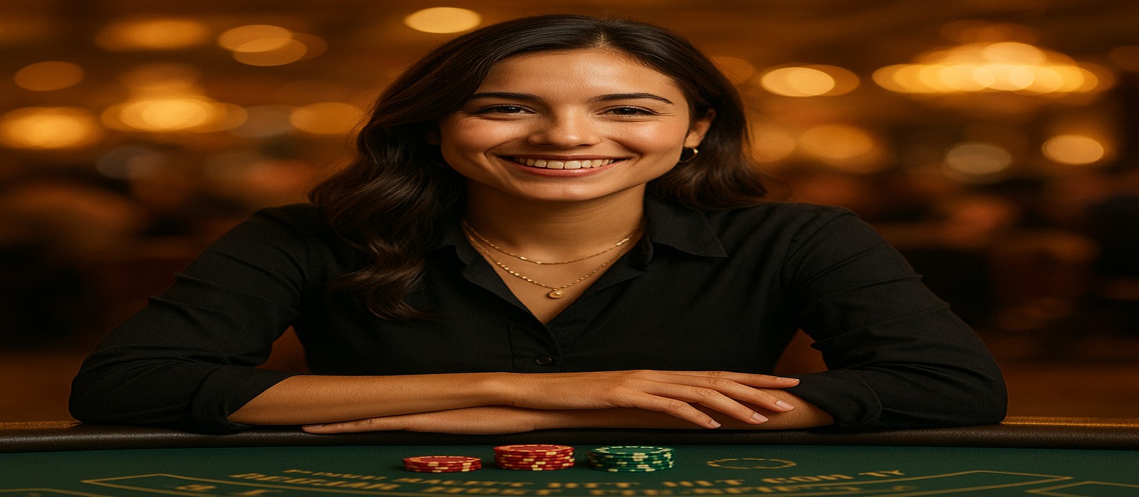 333bt গেমিং প্ল্যাটফর্মে কার্ড টেবিলের সামনে খেলার টোকেন ও কার্ড রেখে হাসিখুশি এক নারী গেম-সঞ্চালক বিস্তৃত গেমের একটি বিশাল নির্বাচন প্রস্তাব করেন