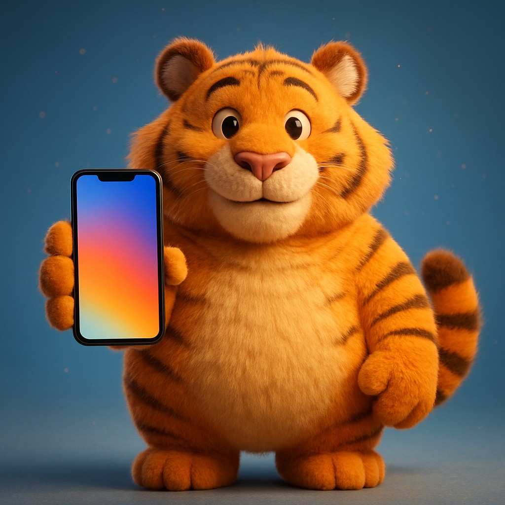 একটি স্মার্টফোনে 333bt অ্যাপ ব্যবহার করছে এমন একটি কার্টুন বাঘশাবক