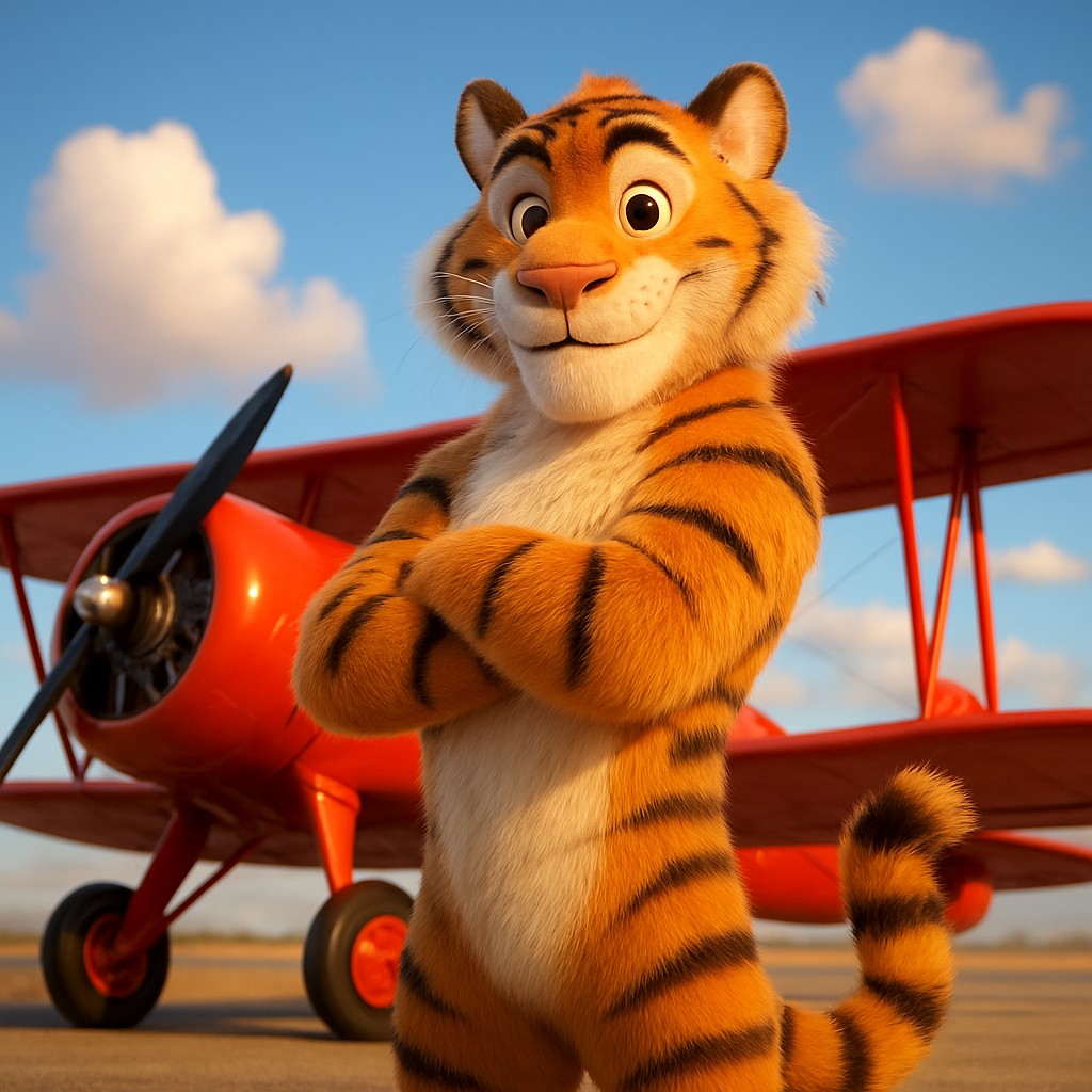 333bt-এর এভিয়েটর-থিমা বিনোদন প্ল্যাটফর্মের প্রতীক হিসেবে, লাল বিমানের পাশে দাঁড়িয়ে থাকা টাইগার পাইলট