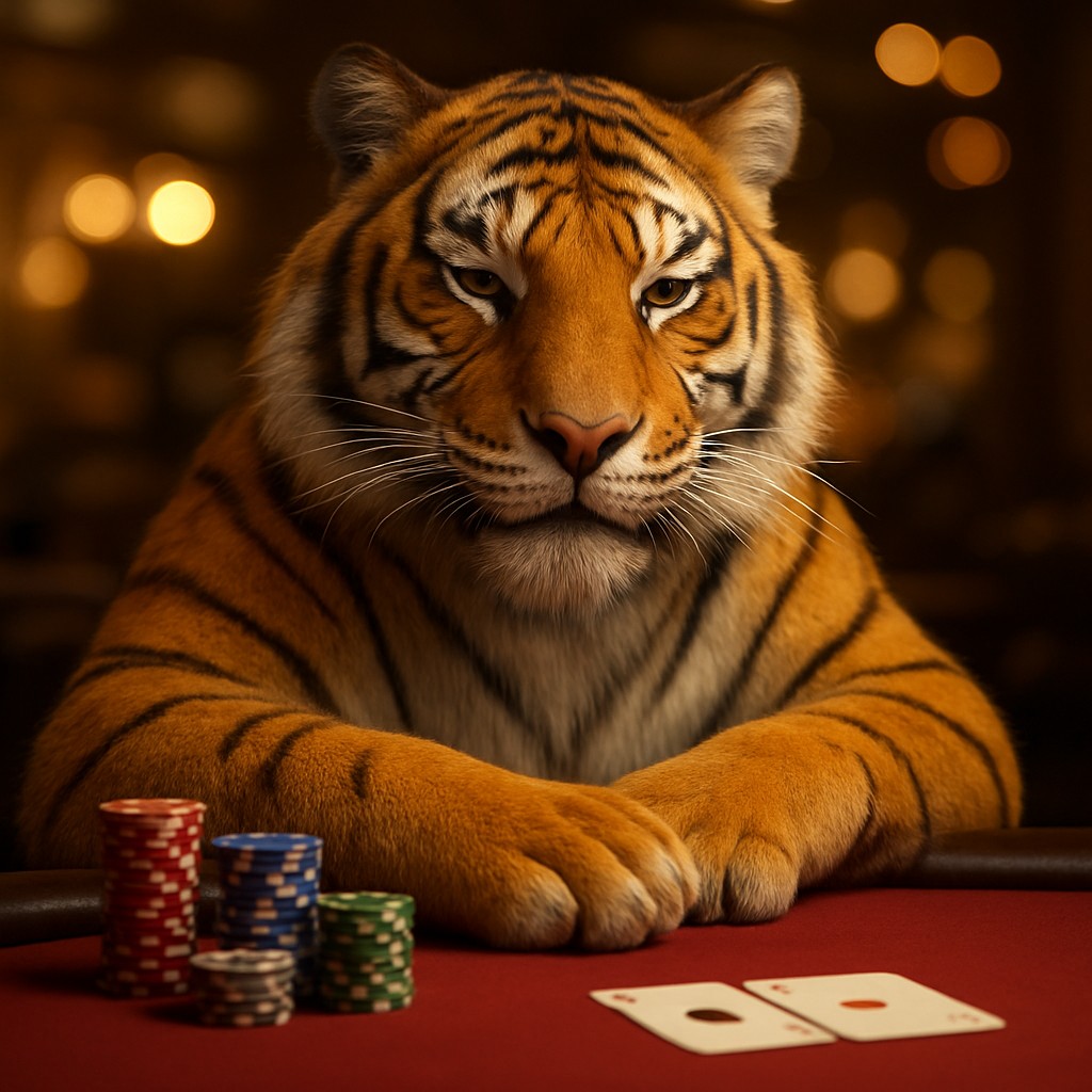 333bt গেমিং প্ল্যাটফর্মে চিপসসহ গেম টেবিলের সামনে বসা হাসিখুশি টাইগার শাবক