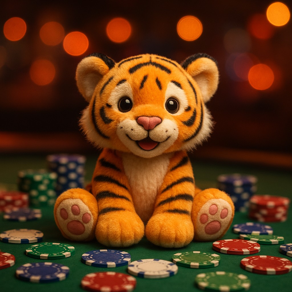 333bt প্ল্যাটফর্মে একটি ছোট বাঘের শাবক একটি টেবিলে খেলার টোকেনসহ বসে আছে।