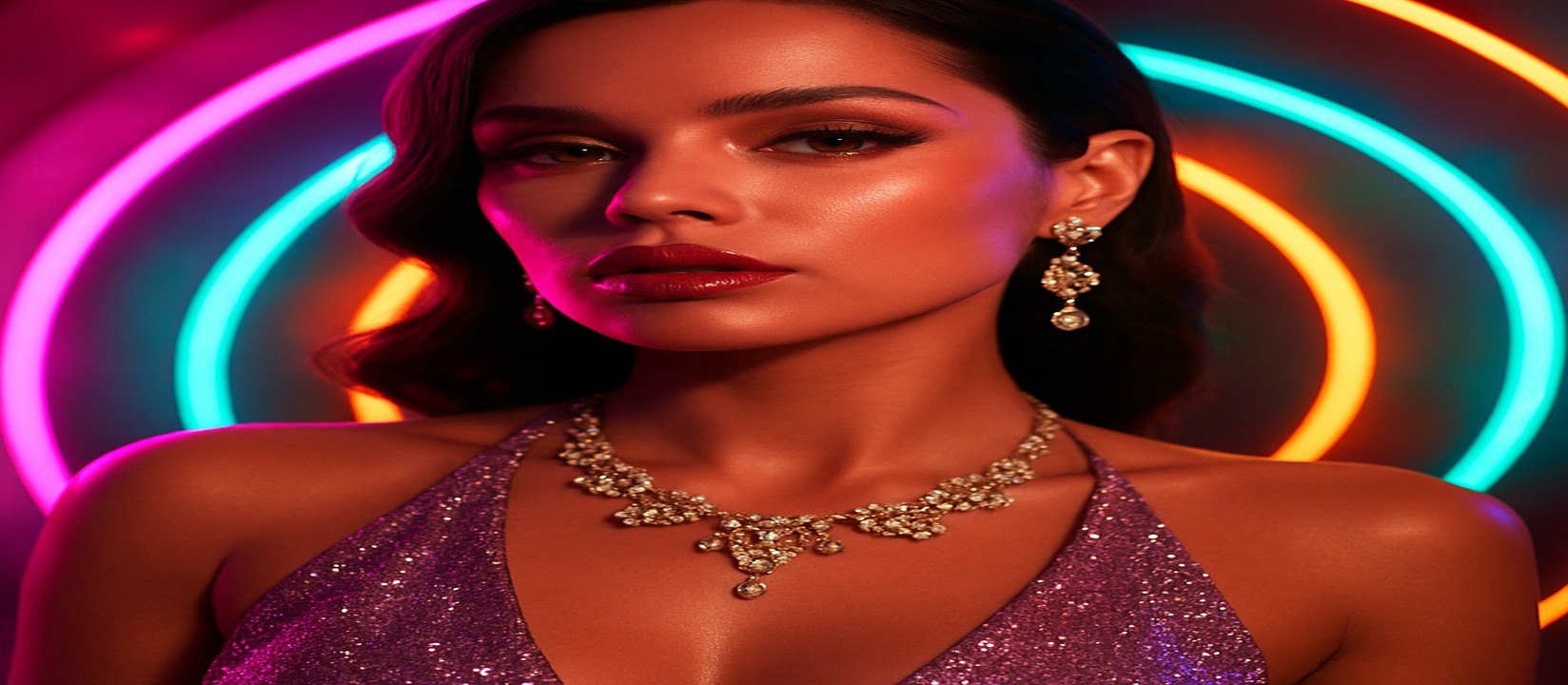 চাকার সামনে উজ্জ্বল পোশাকে একটি নারী, রঙিন গেমিং প্ল্যাটফর্ম