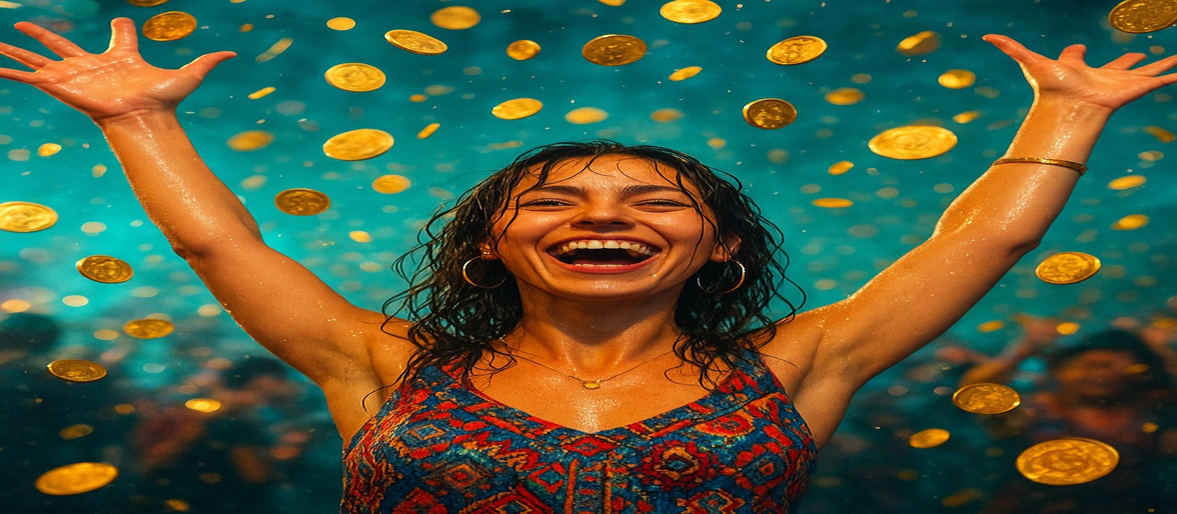 মুদ্রার ঝরনার মাঝে রঙিন পোশাকে একজন নারী